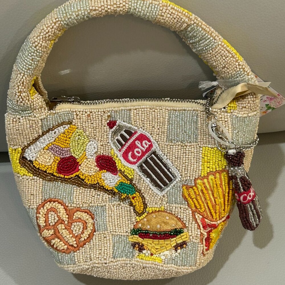 Food Pizza Burger Coke Fries Hotdog Beaded Bag Handcrafted in India NWT Viral